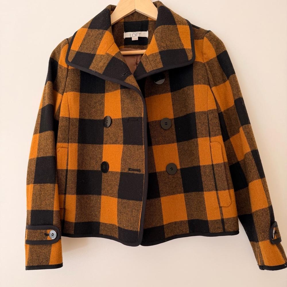 LOFT Petite Buffalo Plaid Wool Blend Peacoat Jacket Orange Black SP